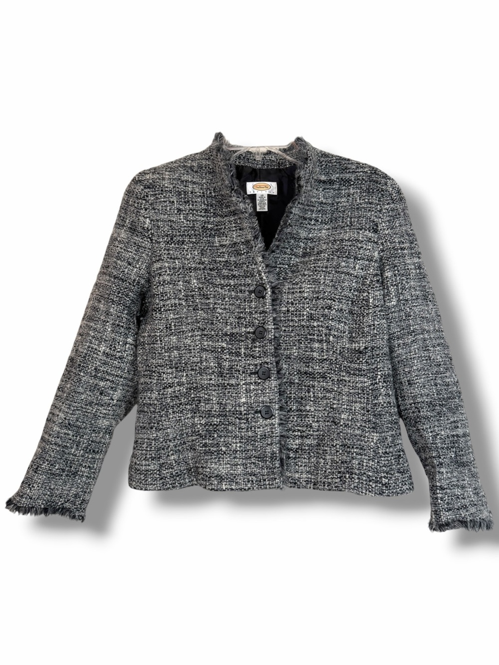 Talbots Petites Black White Tweed Wool Blend Knit Vintage Blazer size 12 Petite